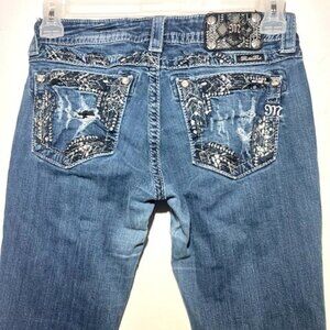 Miss Me Signature Bootcut Flare Distressed Embellished Rhinestone Jeans Sz 29